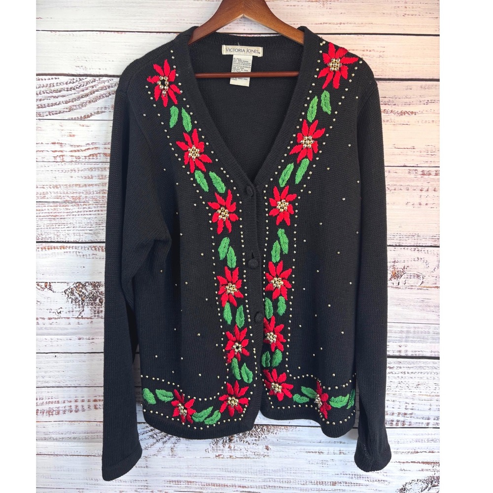 Vintage 90s Black Christmas Cardigan‎ M Poinsettia Embellished Sweater M